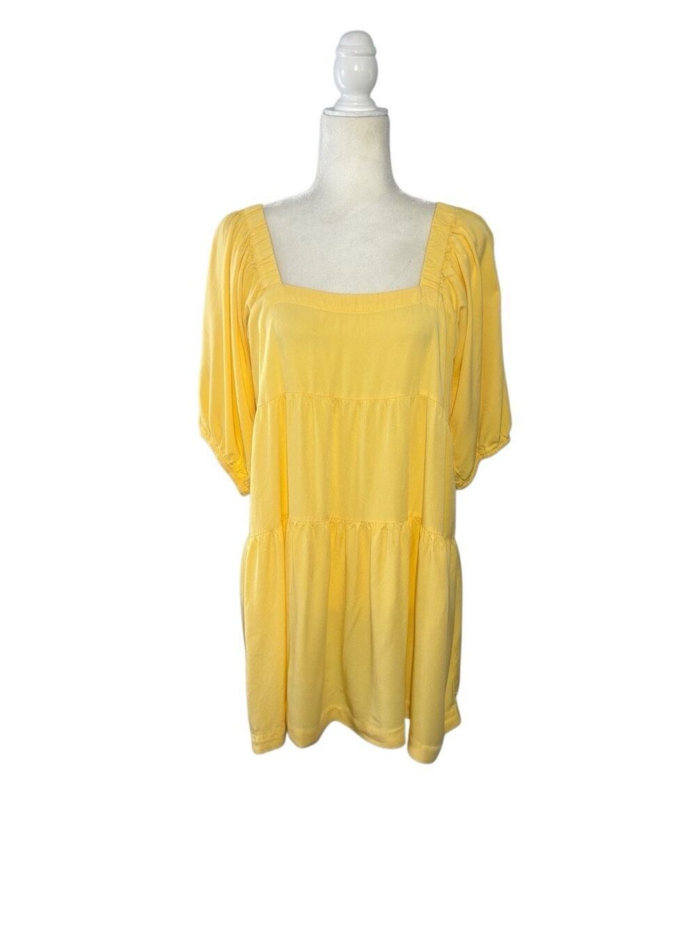 Shinestar square neck tiered butter yellow babydoll dress with blouson sleeves -